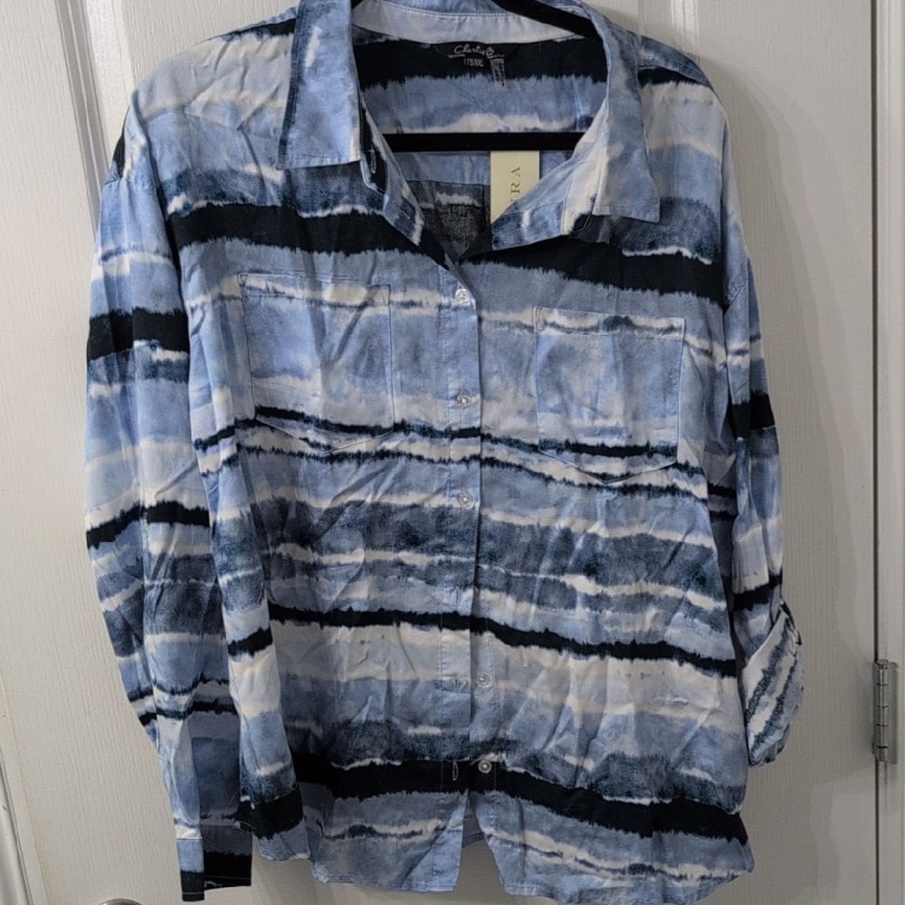 Laura Charlie B blue Striped Tencel Tye Dye XXL Button-Up Shirt
